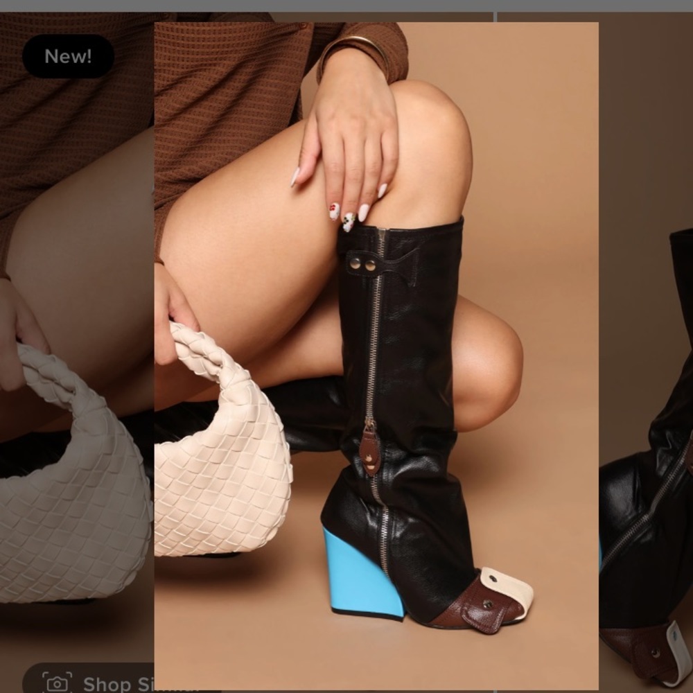 Black Leather Knee Boots with Blue Wedge Heel - Picture 8 of 10